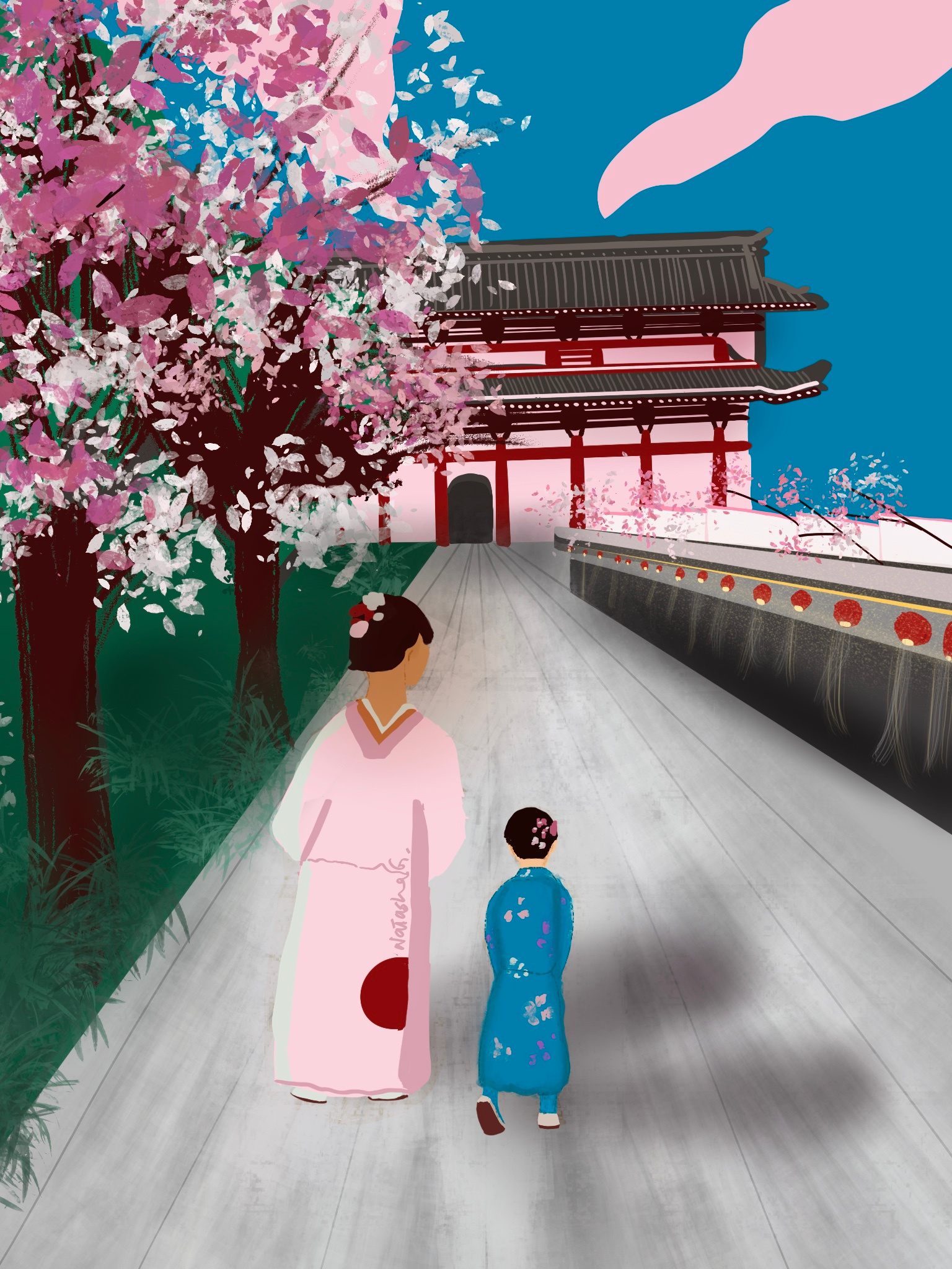Cherry blossoms in Kyoto 🌸 art cherry blossoms contemplation digital art digital painting illustration japan kyoto natasha gonzalez pink poetic procreate sakura sketchbook spring temples