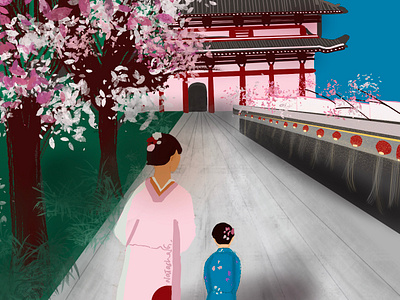 Cherry blossoms in Kyoto 🌸 art cherry blossoms contemplation digital art digital painting illustration japan kyoto natasha gonzalez pink poetic procreate sakura sketchbook spring temples