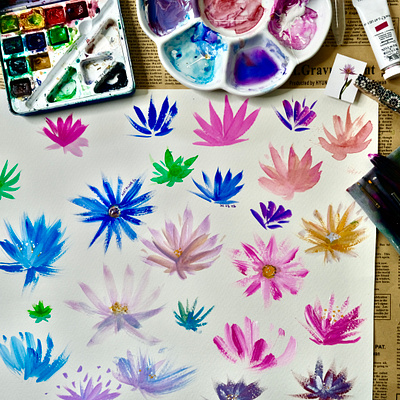 Water lilies study - Colourful pattern art brush strokes colorful colors colourful flowers illustration natasha gonzalez pattern sketchbook traditional art traditional artist water lilies watercolors watercolour