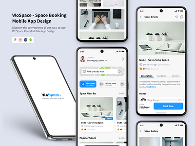 WoSpace - Space Booking Mobile App 3d animation app design booking app branding event space graphic design illustration logo mobile app motion graphics rent app space booking trendy app typography ui ui design ux design working space