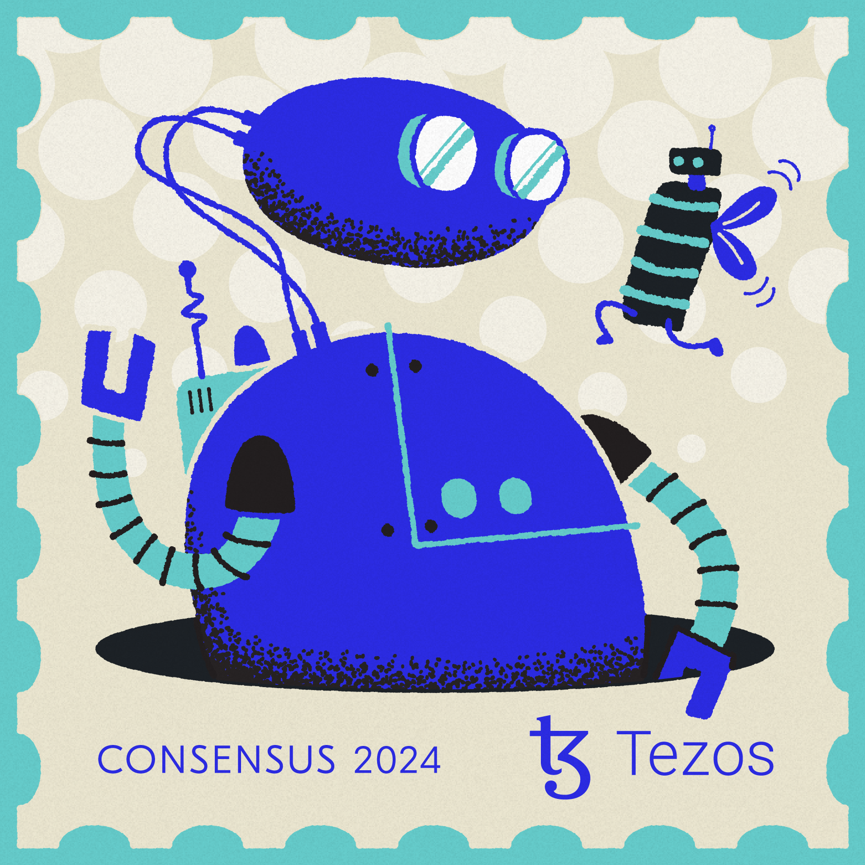 Stamp Design bots character consensus design hand drawn illustration mightymoss poap robots show stamp tezos