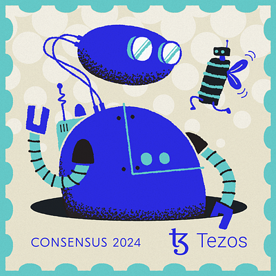 Stamp Design bots character consensus design hand drawn illustration mightymoss poap robots show stamp tezos