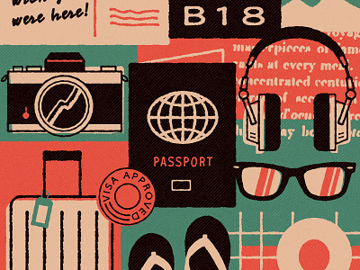 Summer Travel camera design editorial flight hand drawn headphones illustration magazine mightymoss passport postcard suitcase summer sunglasses travel