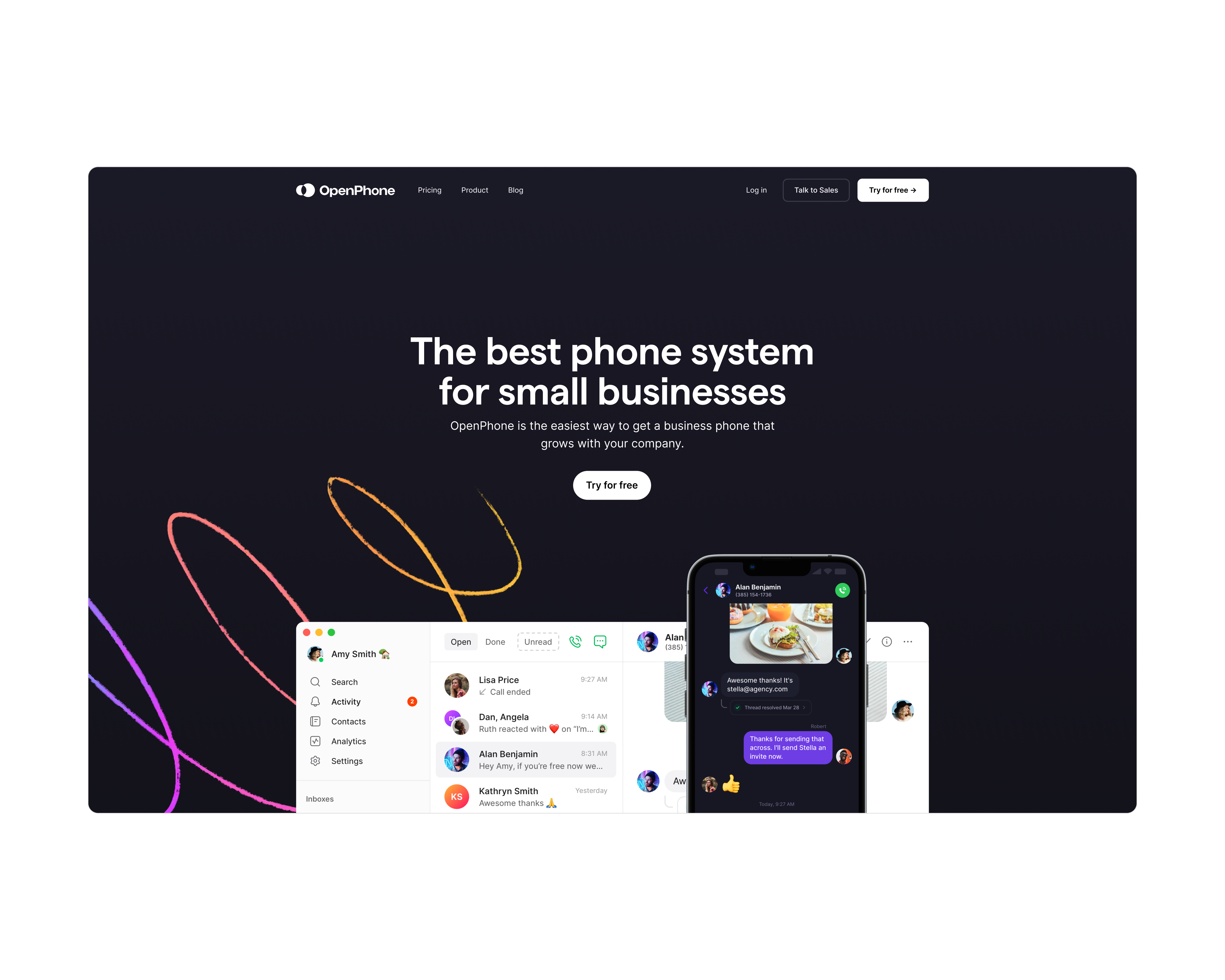 Landing page for OpenPhone app branding clean desktop framer homepage illustration landing page marketing design messages messaging minimal phone app saas app simple ui ux web design