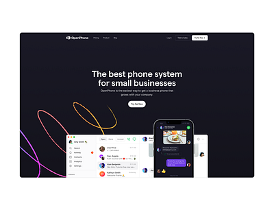 Landing page for OpenPhone app branding clean desktop framer homepage illustration landing page marketing design messages messaging minimal phone app saas app simple ui ux web design