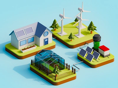 3D Renewable Energy Ecosystem 3d 3d blender 3d design 3d home 3d modeling 3d shape branding building clean energy eco illustration ecology go green graphic design illustration mockup renewable solar panel ui website wind turbine