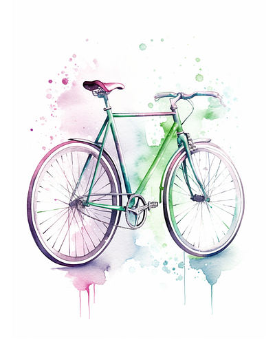 Bicycle Watercolor in Green and Purple
