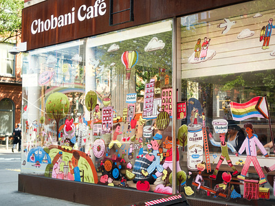 Chobani Café Pride Campaign branding characters graphic design illustration installation site specific window display