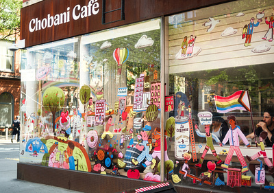 Chobani Café Pride Campaign branding characters graphic design illustration installation site specific window display