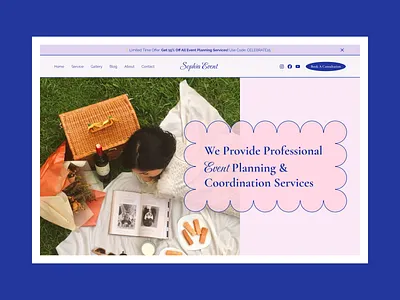 Cheerful & Feminine Web Landing Page for Event Planning Business blue branding charming cheerful design event event plan feminine figma landing page pink scalloped edge soft colors soft pastel colors squarespace ui ux web design website wix