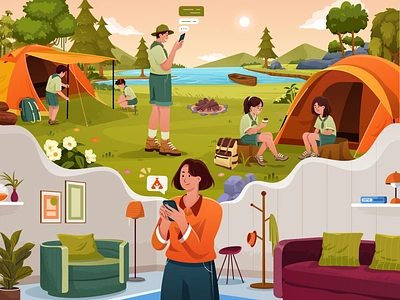 Camp Buddy - Child Monitoring Mobile App Illustration ⛺️ app branding camp child design green illustration kids mobile monitoring notify orange orely parents summer