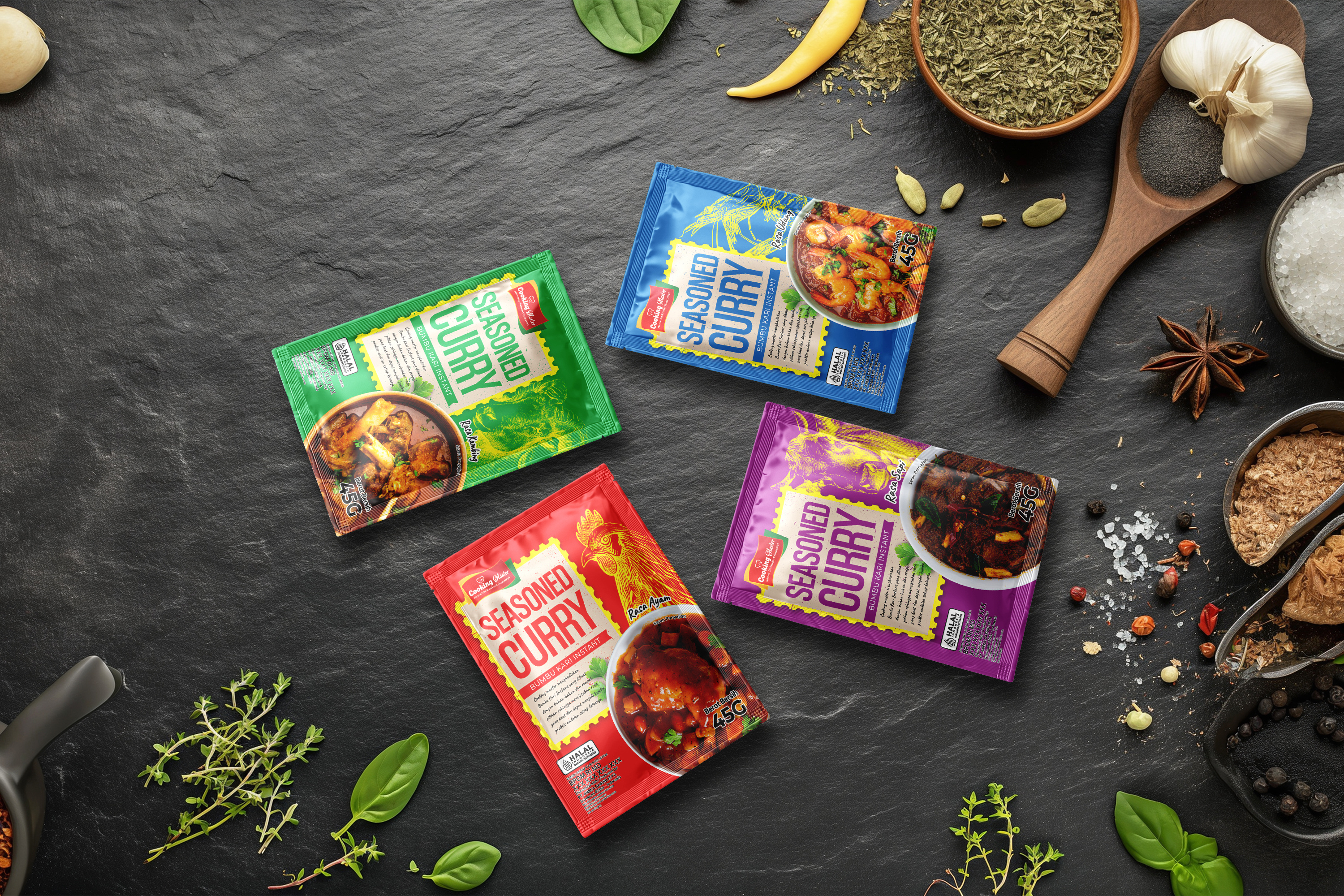 Seosoned Curryng branding currypackaging design graphic design illustration logo packaging sachetpackaging vector