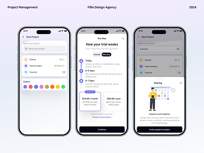 Project Management - Pro plan page anual plan app app design branding filllo freetrial membership pricing pricing plan project management saas subscription to do list ui uiux upgrade webdesign website