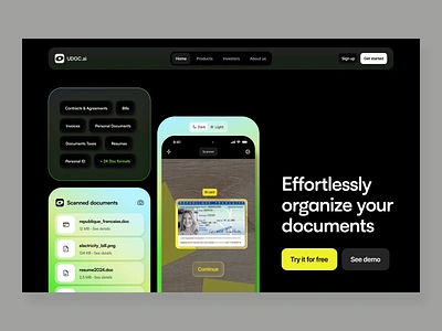 Landing page: document manager app agreement ai app bill contract doc documents docx file folder invoice landing mobile receipt resume scanner ui upload web web design