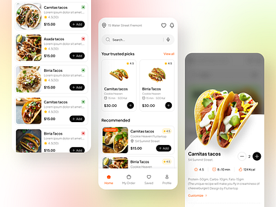 Food Delivery App Design app design awesome design clean ui courier delivery services fast food fluttertop food and drink food app design food order food ordering app mobile app mobile design payment method restaurant shop snacks snacks ordering application tacos transactions