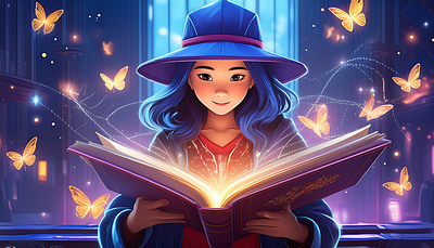 A girl with a hat opens a magic book