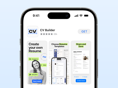 Screenshots&Icon for CV Builder App app icon app screenshots app store branding cv cv builder design figma icon ios iphone marketing mobile mockup modern preview resume screenshots ui ux