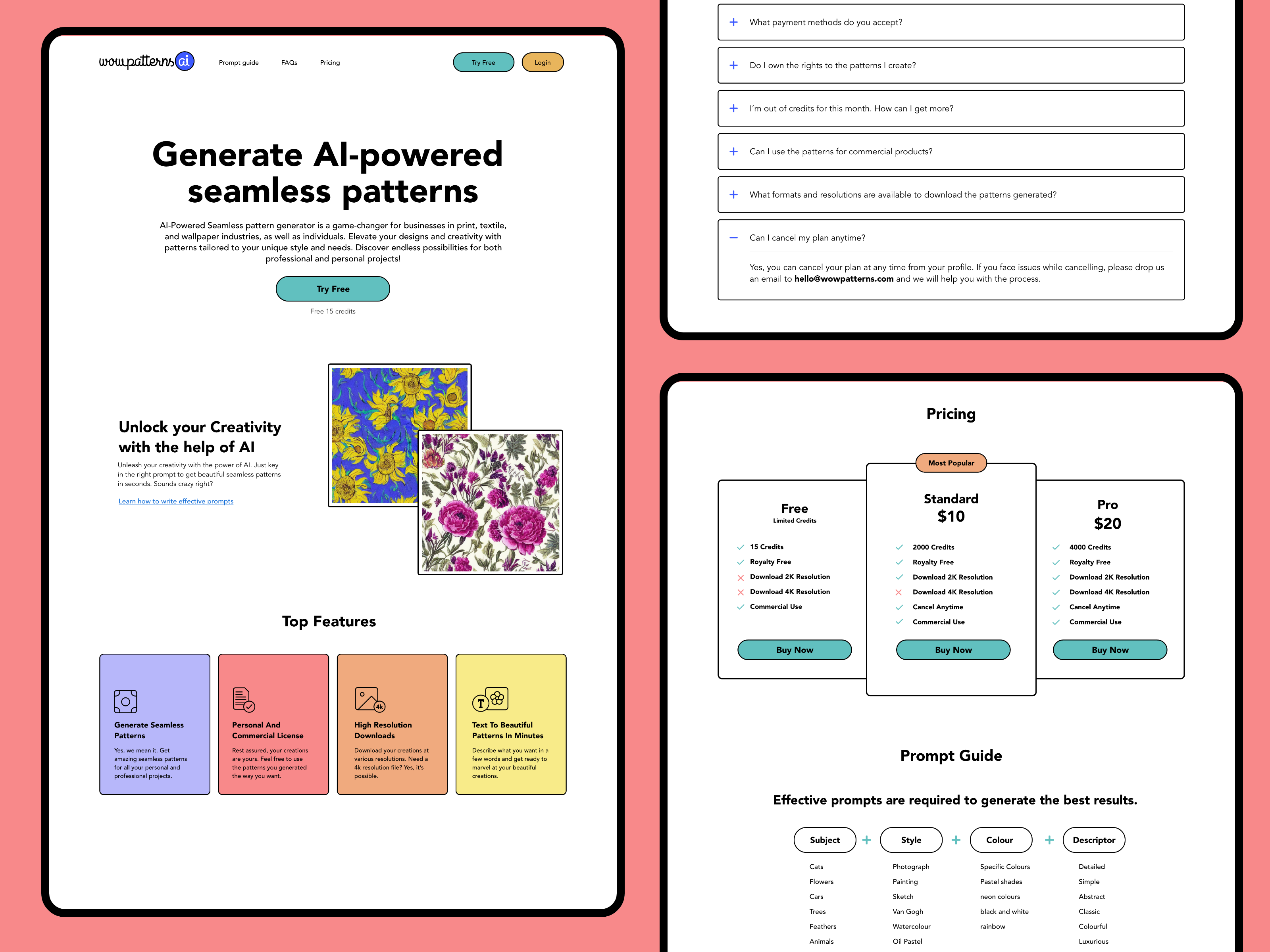 AI Seamless Pattern Maker ai color design graphic design illustration image generator landing page minimal pattern design product seamless patterns simple tool ui ux website