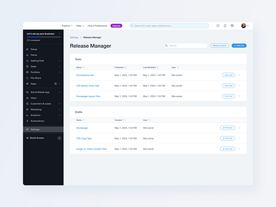 Release Manager / Test & Draft lists dark fields list minimalism modal ui ux copy