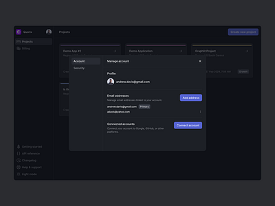 Graphlit - Manage account account ai dark dashboard data llm manage menu modal overlay profile saas settings ui ux