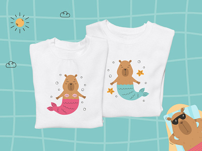 Couple T-shirts with capybara mermaid print animal capy capybara character clipart design funny capybara graphic design illustration kids mermaid print summer t shirt textile trendy vacation vector