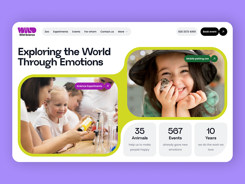 Landing page UI 2d animals bento blocks branding button children colorful design hero landing page logo photos rounded science stats ui uk web zoo