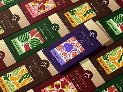 Tropico Chocolate Branding banana brand chocolate clean exotic figs fruit icon identity illustration logo mark packaging strawberries symbol tropical watermelon