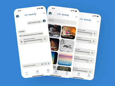 Serenity Sounds - AI generated calming music app ai app branding calm chat color design generated graphic design ios logo minimalistic mobile music platform typography ui ux