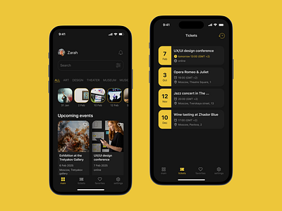 UI Design - Tickets event App app dark theme event event info figma filters high contrast main page mobile design reminder stories tickets ui ux