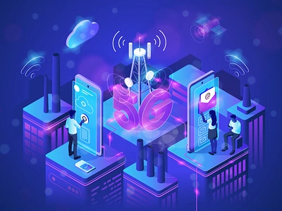 Isometric business illustration 5g abstract blue building business character cloud communication connection email isometric marketing people phone purple satelite smartphone technology vector web