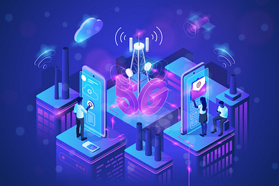 Isometric business illustration 5g abstract blue building business character cloud communication connection email isometric marketing people phone purple satelite smartphone technology vector web