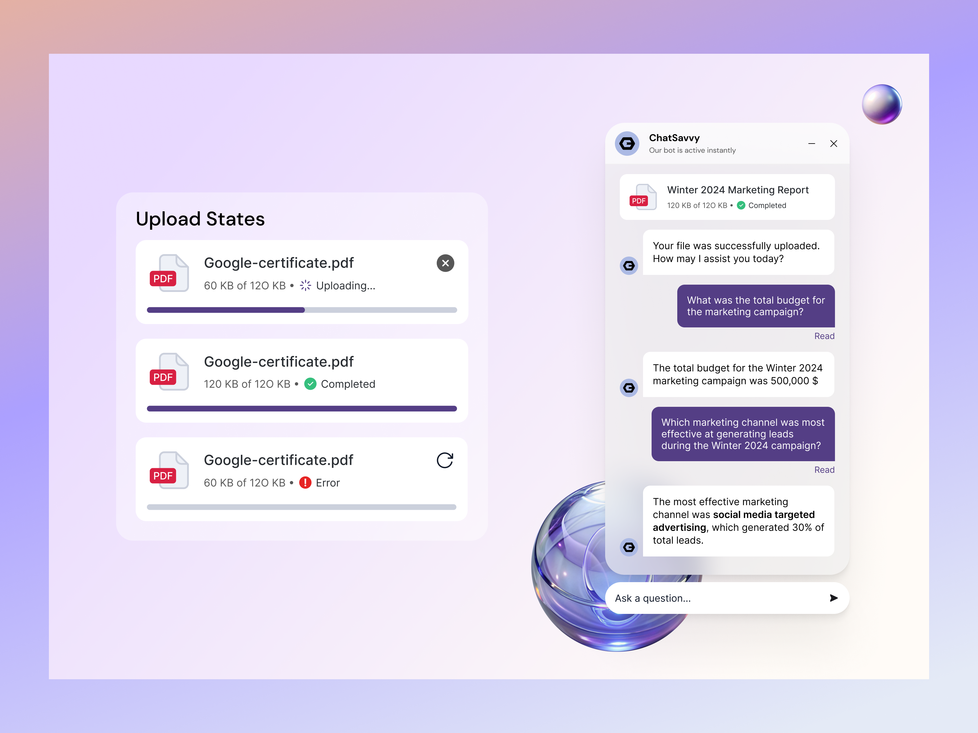 ChatGPT AI Assistant: Seamless File Upload Experience ai assistant chat dialogue error file upload progress file upload ui glassmorphism progress bar progress ui reply sql success uploading upload file upload progress upload state violet