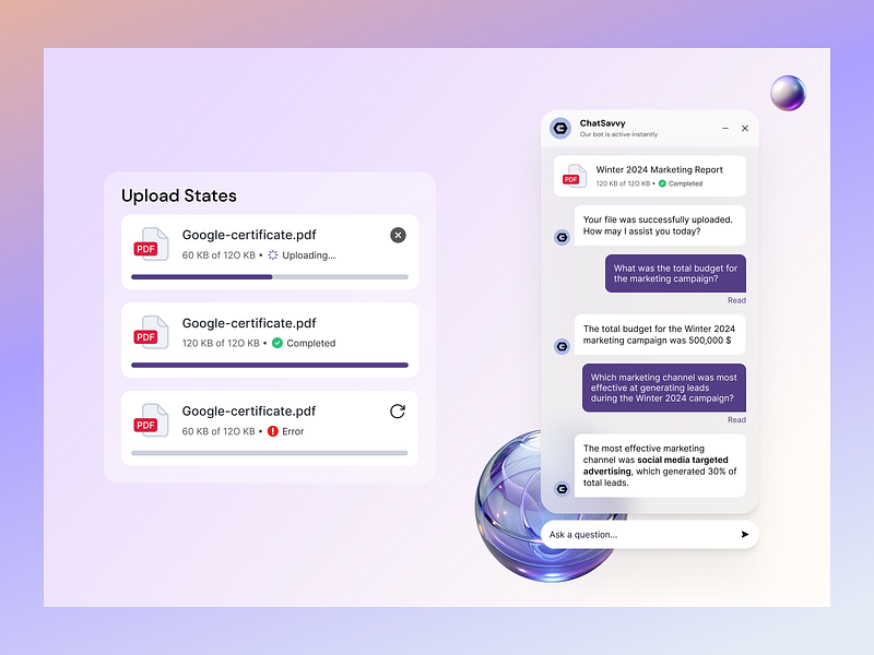 ChatGPT AI Assistant: Seamless File Upload Experience ai assistant chat dialogue error file upload progress file upload ui glassmorphism progress bar progress ui reply success uploading ui upload file upload progress upload state violet