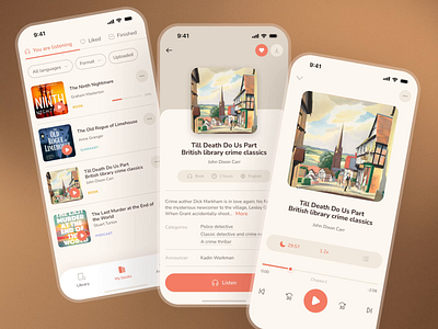 Booklist and Player Screens of Mobile App | The Reader animation article audiobooks book app book store books e book app ebook graphic design library mobile app motion design my books note book player podcast progress read online reader app ux ui