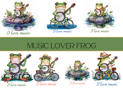 Music lover frog cite gmfrog cute design forest frog graphic design green greenery guitar illustration music rain watercolor watercolor frog wild