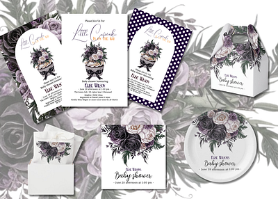 Goth style floral cupcake baby shower party supplies baby shower cupcake design favor bag favor box florals goth style flowers graphic design illustration invitation paper napkin paper plates sticker watercolor