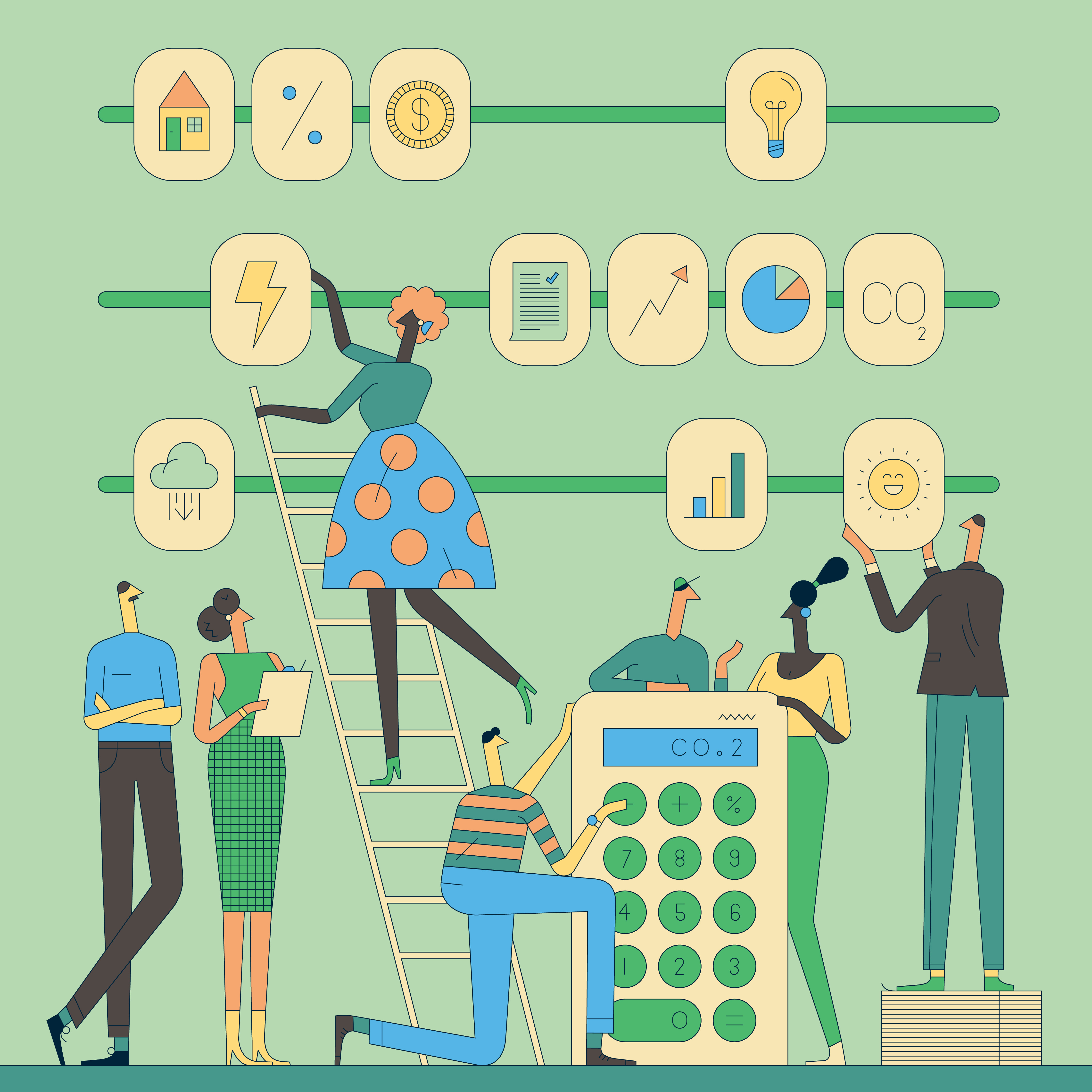 Assembling Calculations analytics calculations character cloud co2 coin collaboration data illustration ladder pie chart sun vector