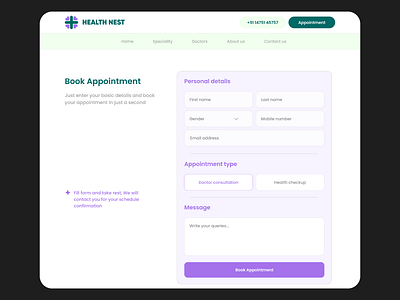 HealthNest - Hospital Web UI appointment appointmentform figma form health healthcare hospital minimal simple ui uiux ux webdesign website