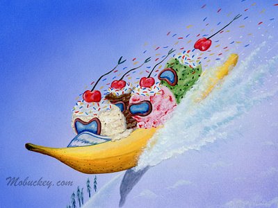 Banana Bobsplit | Gouache Paint Illustration art art prints artwork cartoon character commission concept art dessert food freelance funny gouache humor icecream illustration illustrator olympics paint painting watercolor