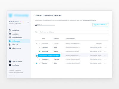 User admin interface - licence management account admin blue icons interface list manage members menu status table tabs ui ui design ux