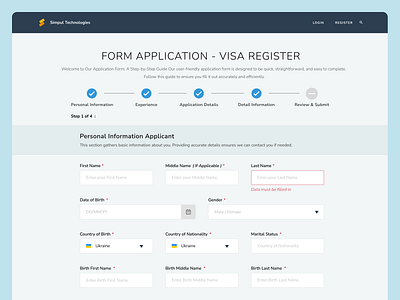 Simpul Technologies : UI/UX Application Form Registration application form landing page product designer register registration registration form ui design uiux ux design visa visual designer web design