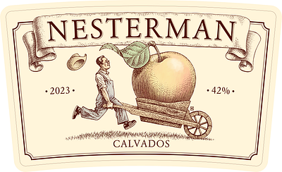 Nesterman apple caricature engraving illustration label scratchboard woodcut