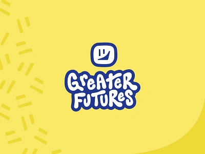 Greater Futures Lettering & Logo blue and white brand design branding bubbly chart confetti finance financial fun hand lettering happy face lettering logo logo design money navy quirky retro yellow youthful