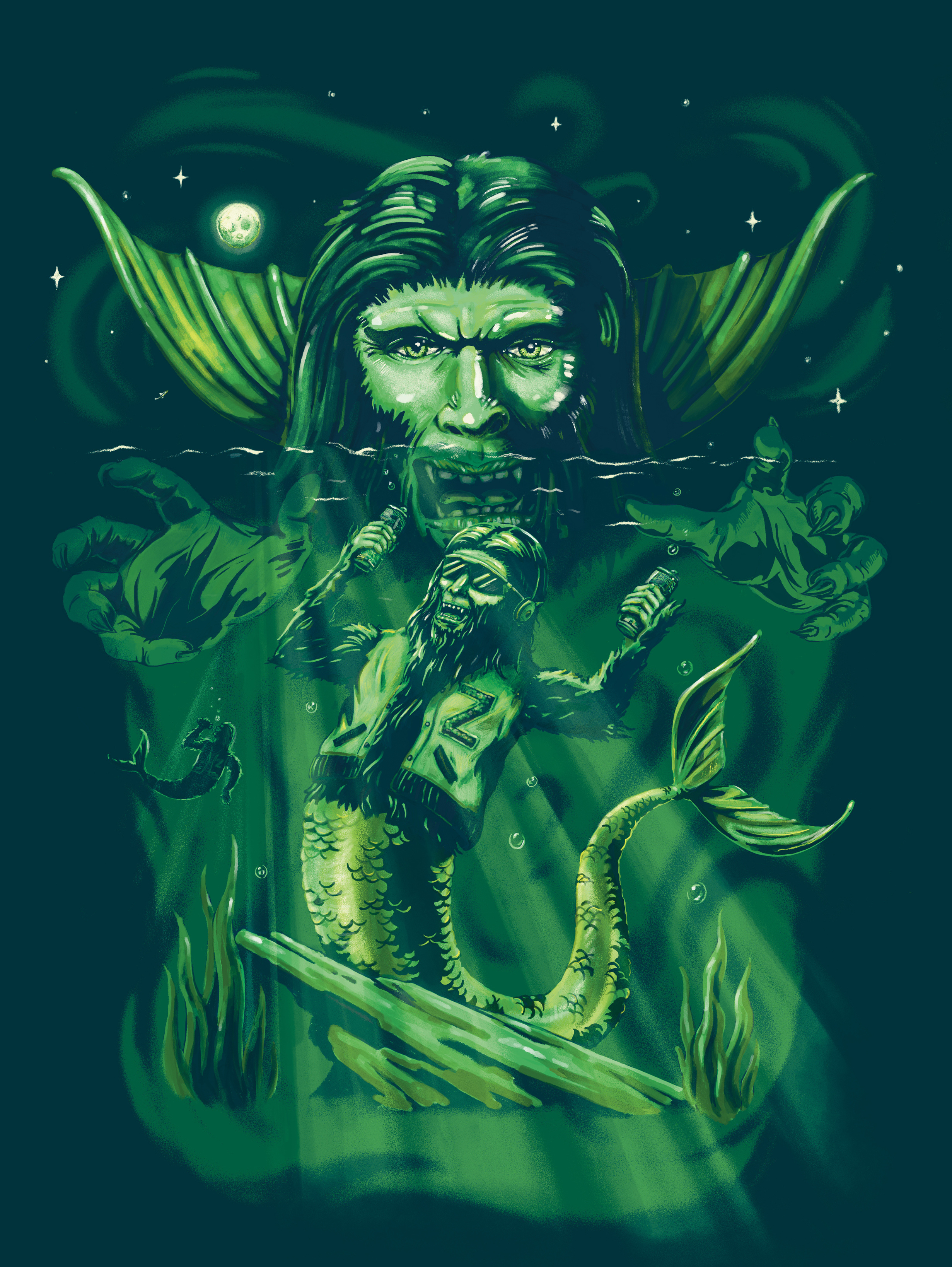 MERWOLF Tropical Lager beer branding design graphic design ill illustration mermaid merwolf painting werewolf
