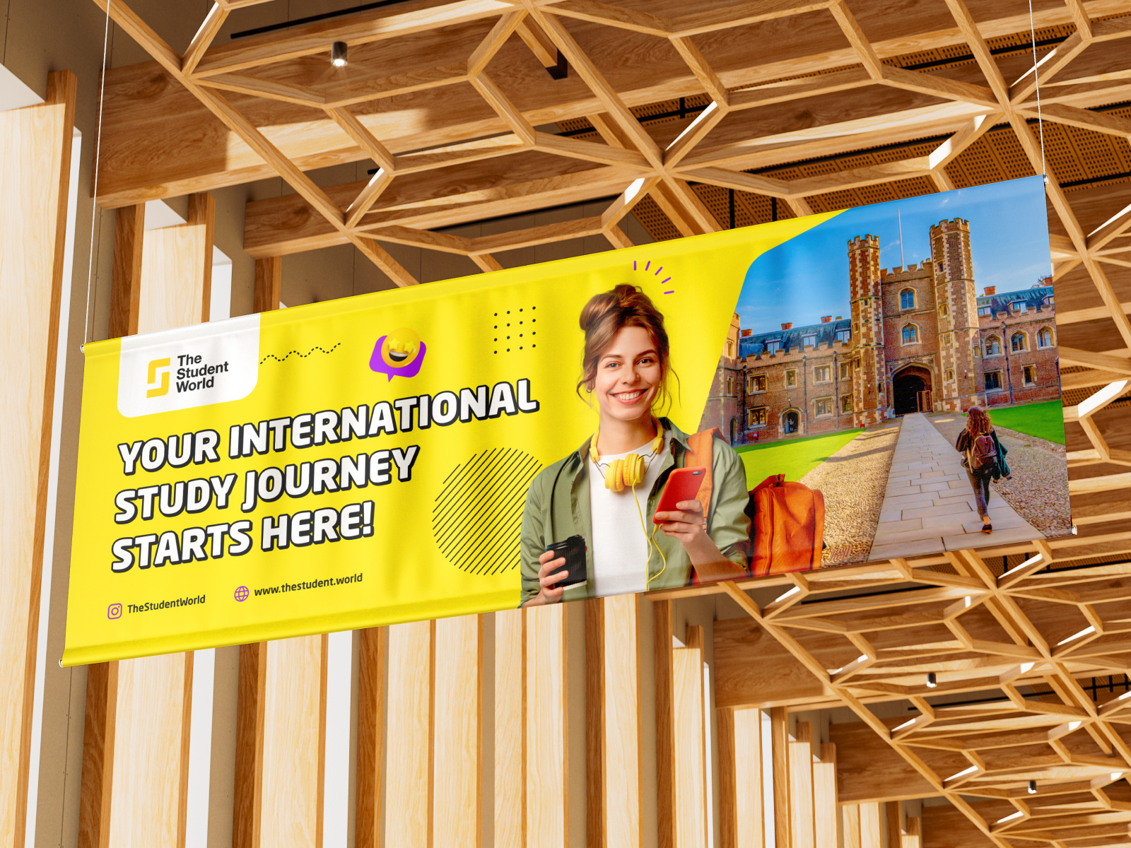The Student World advertising app banner booth branding education expo graphic design id card international study landing page mockup physical fair playbook social media student study study abroad virtual fair visual identity