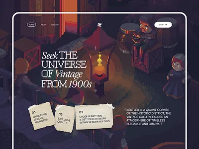 ⚡️ Pixelate Vintage Gallery Landing Page art art gallery website dark mode gallery illustration landing landing page minimal old style pixelate style ui ux website website design
