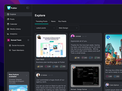 🧭 Trending Posts at Publer analytics cards dark mode feature grid latest light mode news posts product recent rss sidebar sidepanel smm stats top trending ui