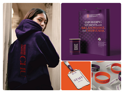 Brand Identity System Applications for Christendom University apparel branding college education graphic design identity identity system logo orange purple school university