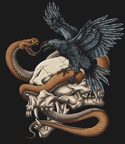 Illustration of a crow fighting with a snake on top of a skull design graphic design illustration