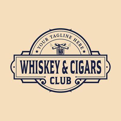 whiskey & Cigars Vintage Badge Logo for whiskey Club smoke shop logo design